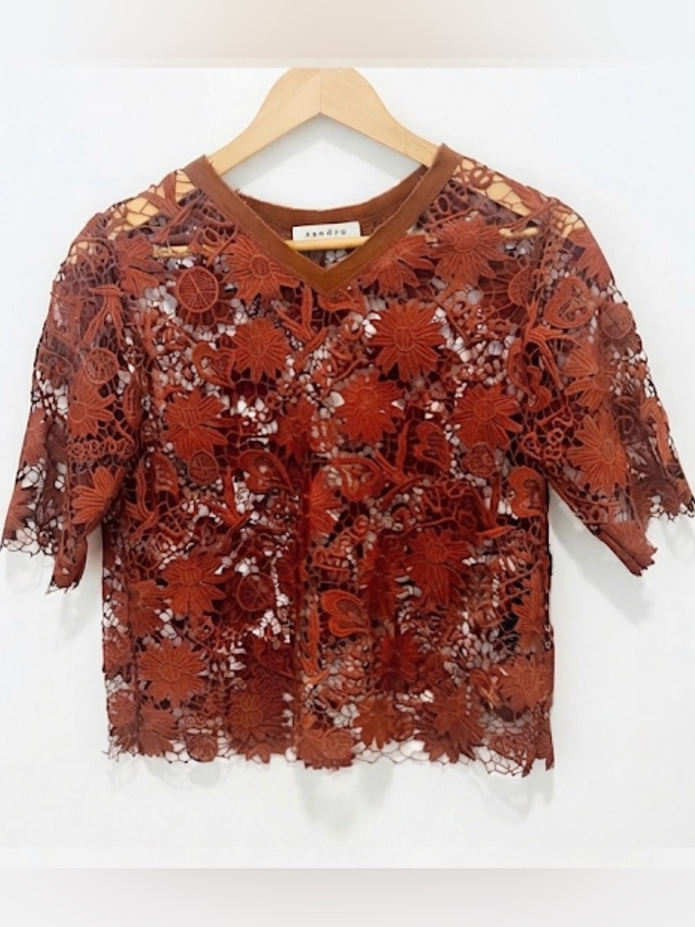 Sandro Paris Floral Peace and Love Lace Short Sleeve Top Rust Terracotta Size 2